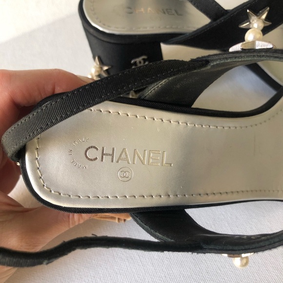 Chanel Black Star-Studded Pearl embellished grosgrain T-Strap Heels sandals MK - Picture 6 of 11